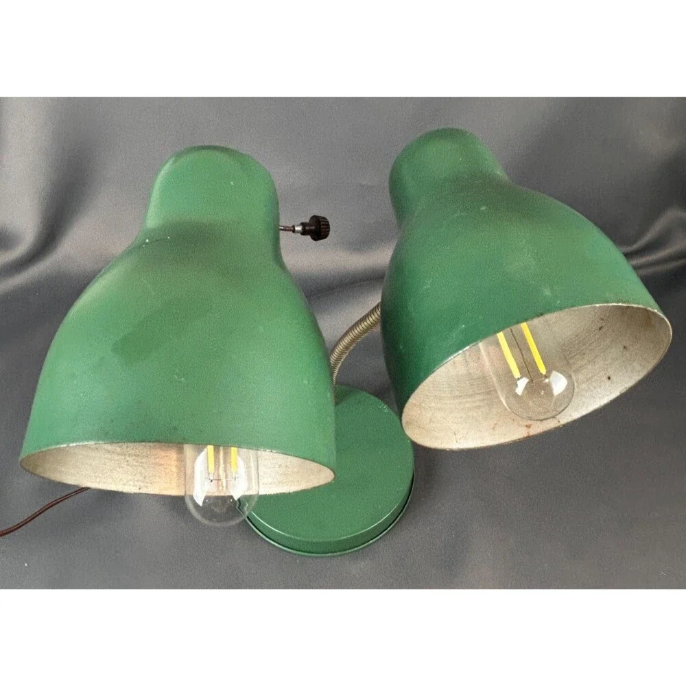 MCM Double Gooseneck Leviton Green Metal Desk Working Table Light Lamp